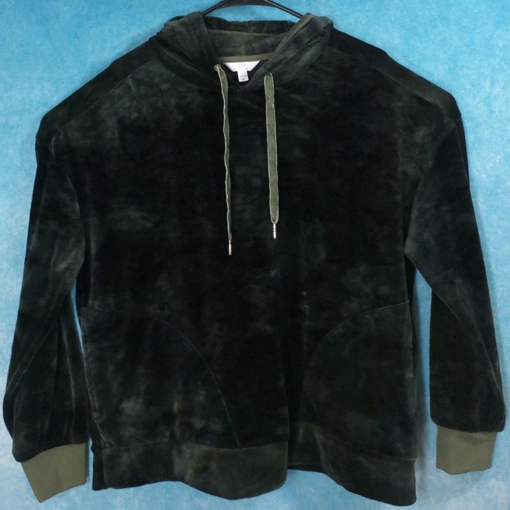 Time & Tru Pullover Velour Women's Hoodie, Green/Black Tie Dye, Size Large 12-14